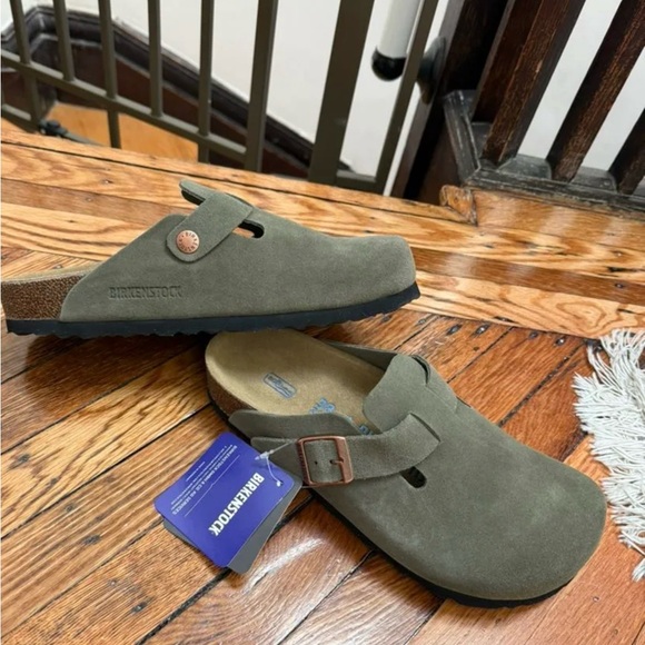 Birkenstock Shoes - Birkenstock Olive Suede Slip-On Clog with Buckle